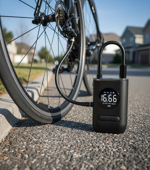 MobiAir Pro com display digital 16.66 PSI ao lado de bike - calibrador portátil